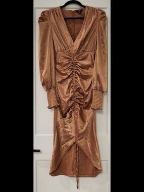 Privy Copper Satin Ruched Long Sleeve Midi Dress